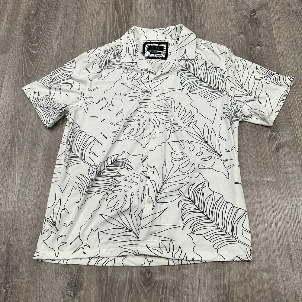 Porter & Ash Kinetic Stretch Mens‎ Large White Black Tropical Leaf Button Down